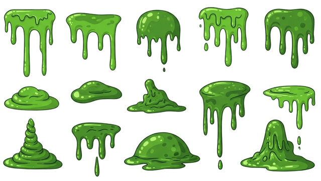 A collection of cartoon green slime drips, toxic goo puddles, and slimy splatters vector set