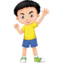 Smiling Young Boy With Black Hair Wears A Yellow T Shirt Blue Shorts And Green Sneakers Waving With His Right Hand On A Transparent Background