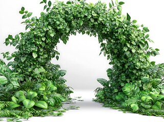 Lush green archway formed by dense foliage and tropical plants leaves vines