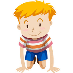 Smiling Young Boy With Blond Hair Wearing Striped T Shirt and Blue Shorts Crawling On White Background