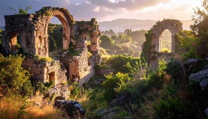 Ancient stone ruins with arches and crumbling walls are bathed in the warm light of a setting sun, surrounded by vibrant green foliage and distant hills.