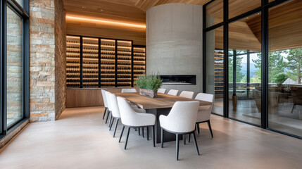 Naklejka premium Modern dining room with long wooden table and upholstered chairs under warm lighting