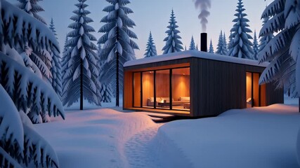A serene winter background of a cozy modern cabin nestled in a snowy forest at dusk, with warm lights glowing inside and smoke rising from the chimney. - Powered by Adobe