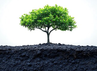 Lush green tree growing from dark rich soil against white background leaves growth
