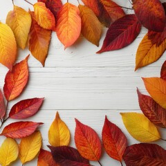 Obraz premium Bright fall leaves in shades of red, orange, and yellow create an inviting circular display on a white wooden surface, showcasing the beauty of autumn.