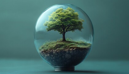 Lush green tree growing inside a clear glass bulb on a mossy island nature