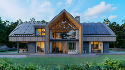 Contemporary luxury residence featuring sustainable solar energy, expansive glass, and a unique gabled roof design, perfectly situated within a serene green landscape