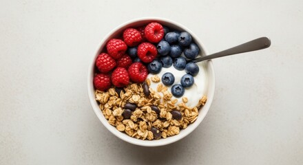 Top view of healthy granola breakfast bowl with yogurt raspberries and blueberries on table