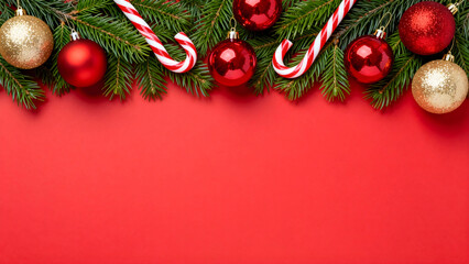  Christmas Border with Pine Branches, Candy Canes, and Red and Gold Ornaments on Red Background