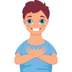Smiling young boy with brown hair wearing a light blue t-shirt with his hands crossed over his chest and a transparent background illustration