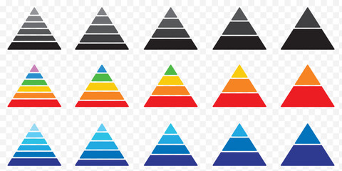 Levels of triangular pyramid. Half triangle pyramid chart. Maslow layer diagram. Development level infographic. Business graph. Vector illustration isolated on white background. Colorful Pyramid Icon.