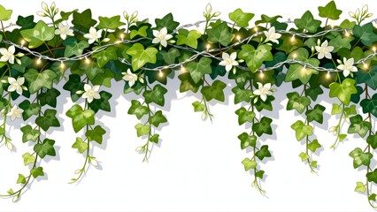  Vector Green Ivy Vine Border with White Flowers and Glowing String Lights on White