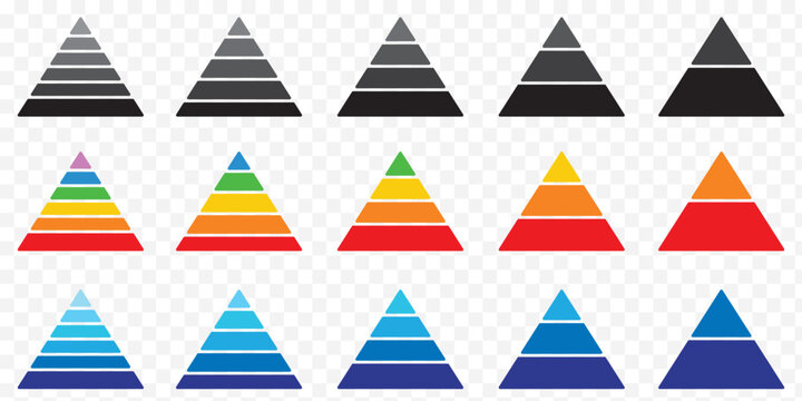 Levels of triangular pyramid. Half triangle pyramid chart. Maslow layer diagram. Development level infographic. Business graph. Vector illustration isolated on white background. Colorful Pyramid Icon.