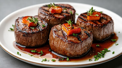 Grilled filet mignon medallion with herb garnish and red wine reduction, elegant plated steak
