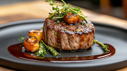 Grilled filet mignon with herb garnish and reduction sauce black plate, appetizing presentation