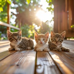 Three Adorable Kittens on Sunny Wooden Deck