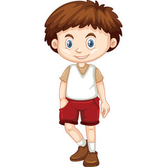 Smiling Young Boy with Brown Hair and Blue Eyes Wearing a White Tank Top and Red Shorts Standing Against a Transparent Background Full Body Portrait