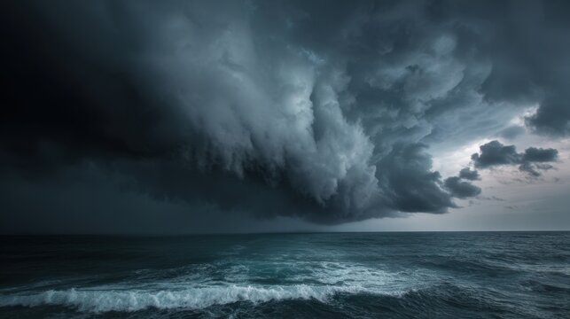 Dark storm clouds loom over the ocean as waves crash below during twilight. The mood is tense and eerie as nature prepares for a powerful storm.