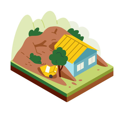 Flat isometric landslide scene. House and vehicle buried by hill collapse. Vector illustration isolated on white background