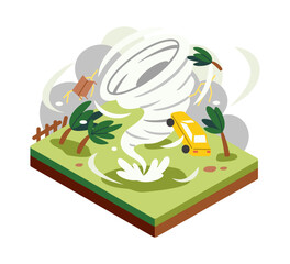 Flat isometric tornado disaster scene. Flying car and debris in storm funnel. Illustration isolated on white background 