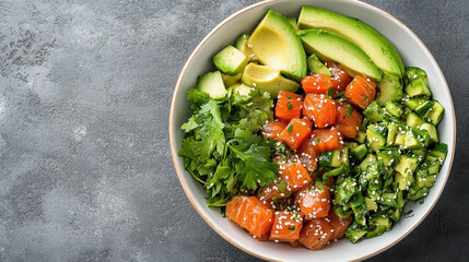 Fresh salmon poke bowl with avocado cucumber cilantro and sesame seeds