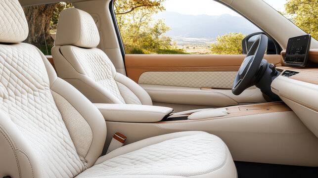 Cream quilted leather car interior with wood trim and panoramic view