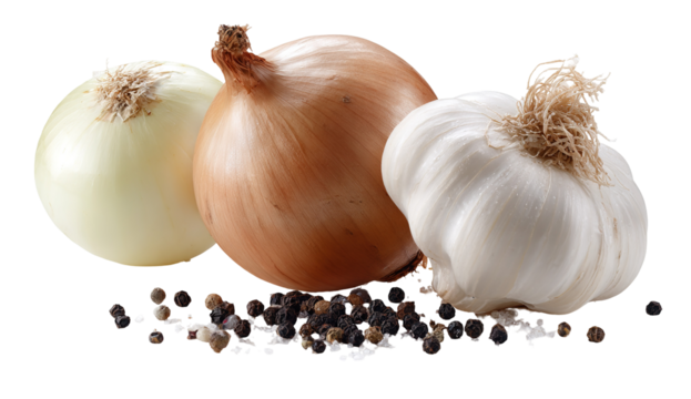 Fresh garlic and red onion bulbs with green parsley on a light background. Food seamless pattern for cooking elements.