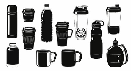 Collection of various drink containers in black and white.