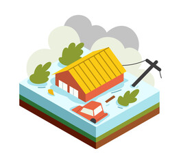 Isometric natural disaster flood concept with flooded house, car, and tress submerged in heavy rain. Vector illustration isolated on white background