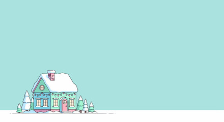 Festive Winter House In A Snowy Landscape With Light Turquoise Background