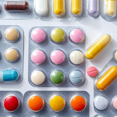 Assorted pills and capsules, arranged in blister packs and loose on a white surface, top-down view