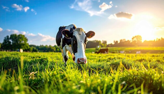 A black and white cow stands in a vibrant green field under a warm sunset sky, with other cows grazing in the distance.