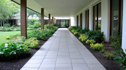 Obraz premium Covered walkway with garden beds and tiled path leading through calm courtyard