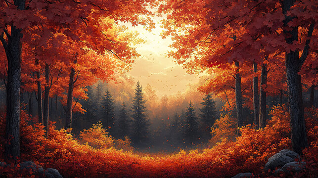 Detailed autumn scene featuring warm red and yellow foliage in serene forest