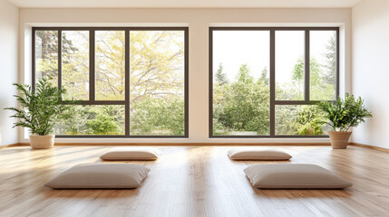 Fototapeta premium Bright meditation room with floor cushions and large windows overlooking green trees