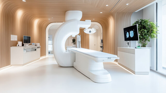 Modern fluoroscopy procedure room with sleek C arm scanner, bright lighting, clean surfaces