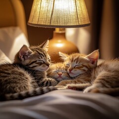 Cozy Kittens Cuddled Under Warm Lamp