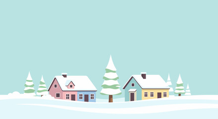 Serene Winter Village Scene With Houses And Snowy Trees
