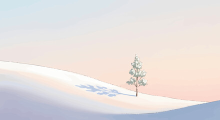 Solitary Tree On A Snowy Hill With Soft Colors Background