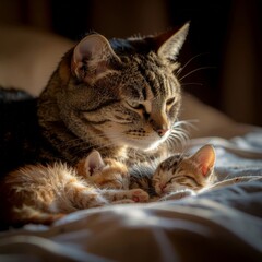 Mother Cat and Kittens Sleeping Peacefully