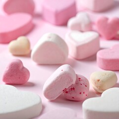 Assorted pink, white, & cream heart-shaped candy on a light pink background, creating a sweet and festive scene