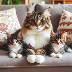 Maine Coon Mother Cat and Kittens