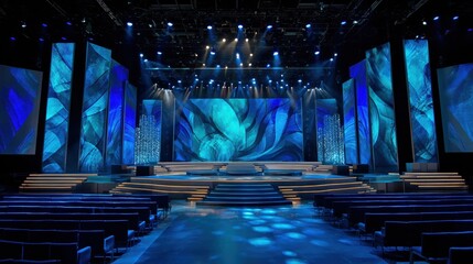 Corporate event stage with a large led video wall displaying abstract blue technology patterns and a modern podium center, perfect for tech innovation and digital transformation concept.