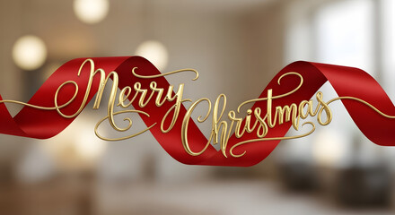 Golden Merry Christmas lettering with elegant script font and flowing red satin ribbon on blurred background