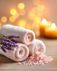 White rolled towels, pink himalayan salt crystals, and lavender sprigs. Aromatherapy and self-care concept. Stress relief and personal rejuvenation. Holistic health practices for inner balance.
