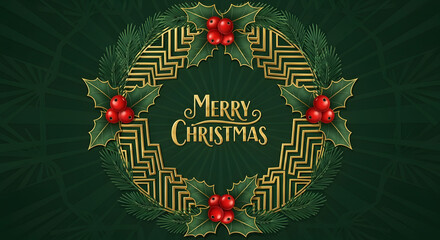 Golden Merry Christmas text framed by a classic festive wreath with red holly berries and green pine branches