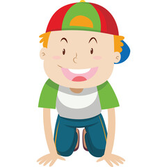 Smiling Young Boy Wearing Red Green Blue Baseball Cap and Teal Pants Kneeling Down with Transparent Background Full Body Cartoon Portrait