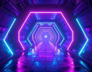 Futuristic hallway lit with neon lights, creating a vibrant perspective