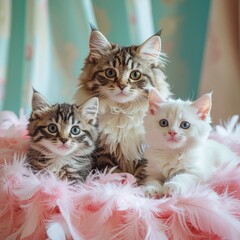 Three Adorable Fluffy Kittens on Pink Feathers