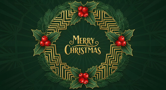 Golden Merry Christmas text framed by a classic festive wreath with red holly berries and green pine branches